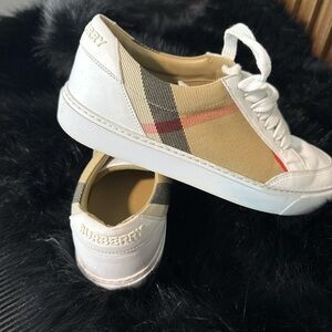 Burberry White and Tan Check Sneakers
